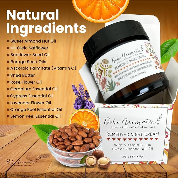 Vitamin C Night Cream for Face, Brightening Vitamin C Moisturizer Face Cream – Hydrating Rich Night Cream in Eco-Friendly Glass Jar, cruelty free by Boho Aromatic Remedy-C