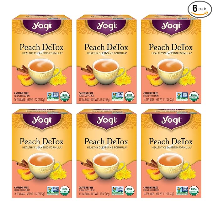 Yogi Tea - Peach DeTox Tea (6 Pack) - Healthy Cleansing Formula with Traditional Ayurvedic Herbs - Caffeine Free - 96 Organic Herbal Tea Bags