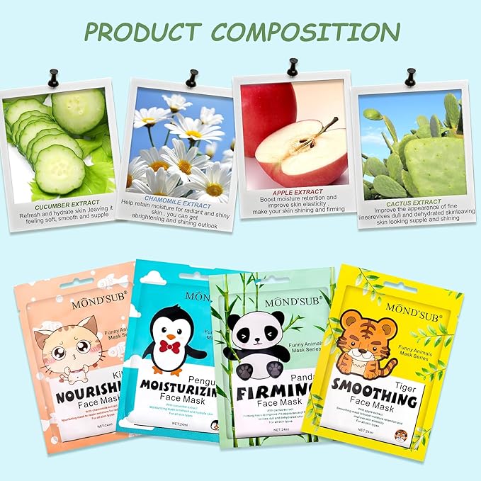 MOND'SUB Animal Spa Beauty Mask, Character Masks Sheet-(Pack of 5) Panda Firming Nourishing Moisturizing Effects For All Skin Types- Birthday Party Gift for her, Girls Night, Spa Night, Beauty Gift