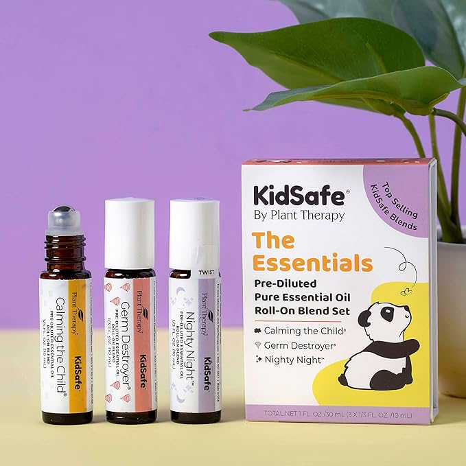 Plant Therapy KidSafe Essentials Roll-On Set 100% Pure, Therapeutic Grade Essential Oils Diluted in Coconut Oil 10 mL (1/3 oz) Each