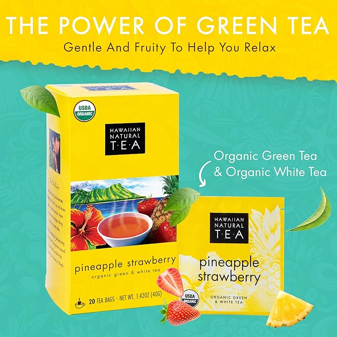 Hawaiian Natural Pineapple Strawberry Flavored Organic Tea - Tropical Fruit Green And White Tea, Perfect Daily Cup & Gift - 20 Bags