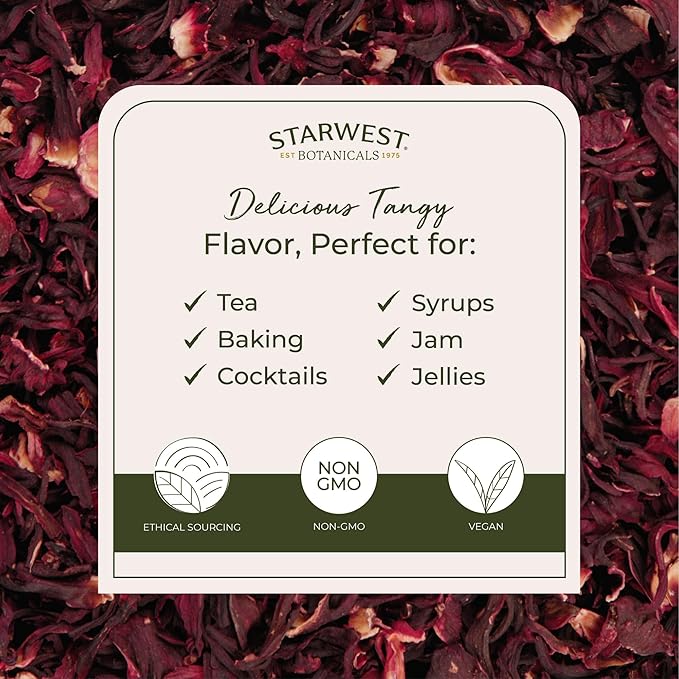 Starwest Botanicals Organic Hibiscus Flowers - Dried Hibiscus Flowers for Loose Leaf Herbal Tea, Natural Source of Antioxidants, Caffeine Free, Cut & Sifted, Certified Kosher, Non-GMO - Bulk 1 lb Bag