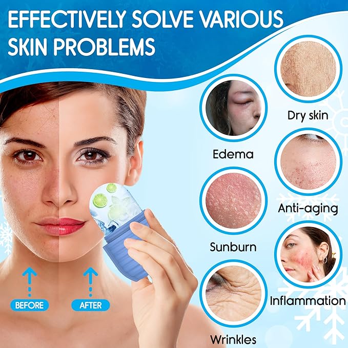 2Pcs Ice Roller for Face, Ice Face Roller, Reusable Silicone Ice Mold for Face, Facial Beauty Ice Roller Skin Care Tools for Shrink Pores Anti Wrinkle Reduce Puffiness (Green + Purple)