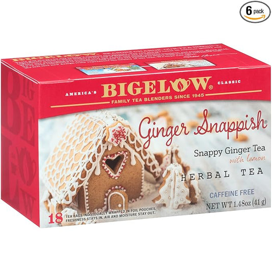 Bigelow Tea Ginger Snappish Herbal Tea, Caffeine Free Tea with Ginger and Lemon, Holiday and Christmas Tea, 18 Count Box (Pack of 6), 108 Total Tea Bags
