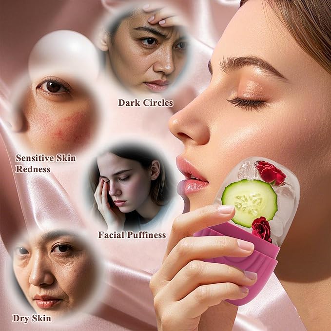 Ice Roller for Face and Eyes,Silicone Ice Mold for Face Massage,Facial Roller with Leak-Proof Lid for Skin Care & Cooling Treatment, Pink