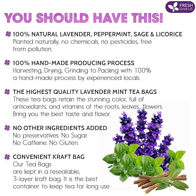 FreshDrinkUS, Premium 135 Tea Bags Lavender Mint Tea, 100% Natural, Blend of Lavender, Peppermint, Sage and Licorice. Made with Natural Material Tea Bags. No Sugar, No Caffeine, Vegan.