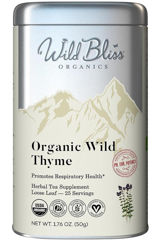 Wild Bliss Organic Wild Breckland Thyme Tea - Caffeine Free Loose Leaf Herbal Tea - Resipratory and Digestion Support - 1.76 Oz - 25 Servings