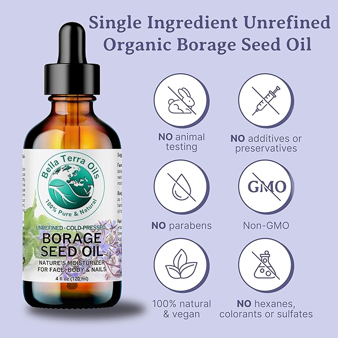 Bella Terra Oils - Organic Borage Seed Oil 2 oz - Cold-Pressed Excellence, Rich in Gamma-Linolenic Acid (GLA), Vitamins & Minerals, Ideal Nourishing Elixir for Skin