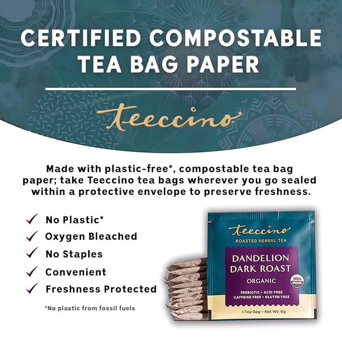 Teeccino Dandelion Tea – Dark Roast – Rich & Roasted Herbal Tea That’s Caffeine Free & Prebiotic with Detoxifying Dandelion Root, 10 Tea Bags (Pack of 4)