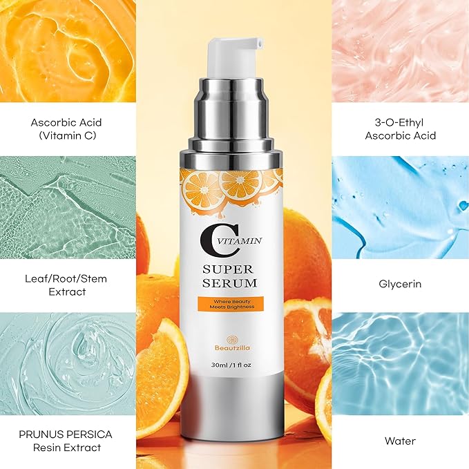 Super Vitamin C Face Serum for Mature Skin: Hyaluronic Serum for Dark Spots Fine Lines Wrinkles All-in-One Formula Hydrates Firm Smooth Age-Defying Serum for Women Over 50-1 fl oz