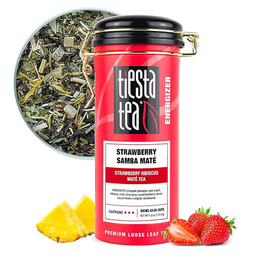 Tiesta Tea - Strawberry Samba Mate | Loose Leaf | Strawberry Hibiscus Mate Tea | High Caffeinated Fruit Blend | Make Hot or Iced Up to 50 Cups | 4 oz Refillable Tin