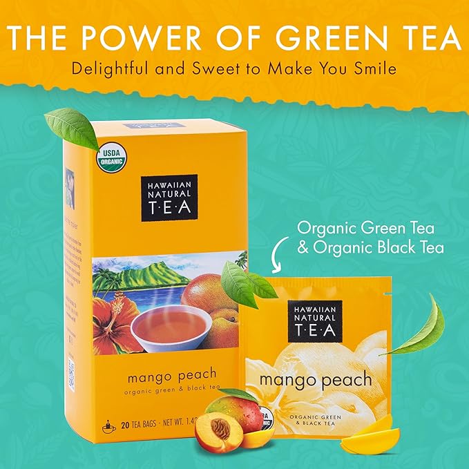 Hawaiian Natural Tea Mango Peach Flavored Organic Tea - Tropical Fruit Green and Black Tea Blend - Perfect Daily Cup & Gift for Special Occasions - 20 Tea Bags