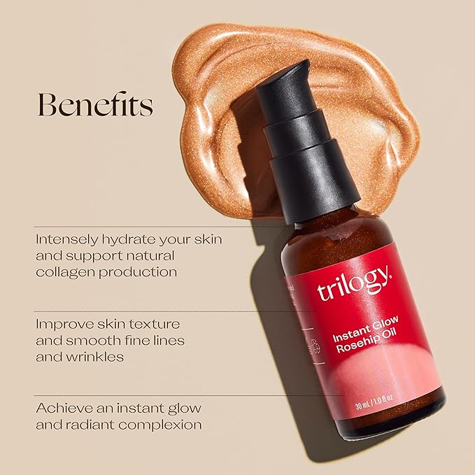 Trilogy Instant Glow Rosehip Oil (30ml) - With Mica and Squalane - Supports Collagen Production, Hydrates and Repairs Improving Skin Texture, Provides Instant Illumination