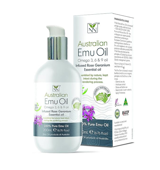 Y-Not Natural Ultra Pure Australian Emu Oil - Luxury, Hospital Grade Emu Oil 200 mL | Free Range Aboriginal Omega 3, 6 & 9 Oil Infused with Rose Geranium - The Ultimate Moisturizer for Skin, Hair, Nails, and Scalp