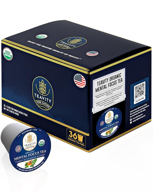 Organic Tea Pods with Moringa, Peppermint, Holy Basil & Turmeric - Naturally Decaf Tea - Mental Focus by Teavity (36 Tea Pods)