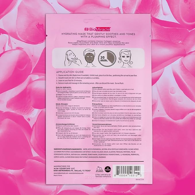 BioMiracle Moisturizing Sheet Mask With Firming Collagen, Infused With Pink Clay, Rose Water, Cucumber and Aloe Vera, Natural Extracts, Paraben Free, Soothes and Tones 10 Sheets (10 Pack)