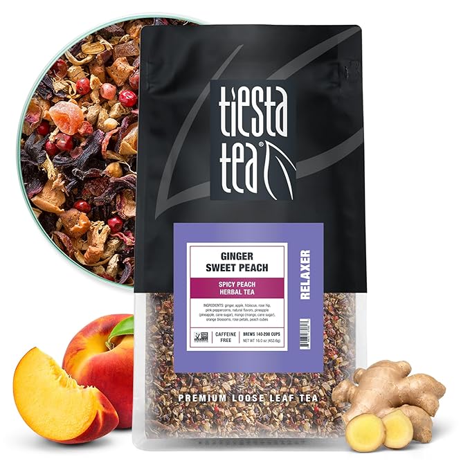 Tiesta Tea - Ginger Sweet Peach, Spicy Peach Herbal Tea, Tranquility Blend | Loose Leaf | Non-Caffeinated Hibiscus & Cane Sugar | Brews Up to 200 Cups | 16oz Bulk Pouch