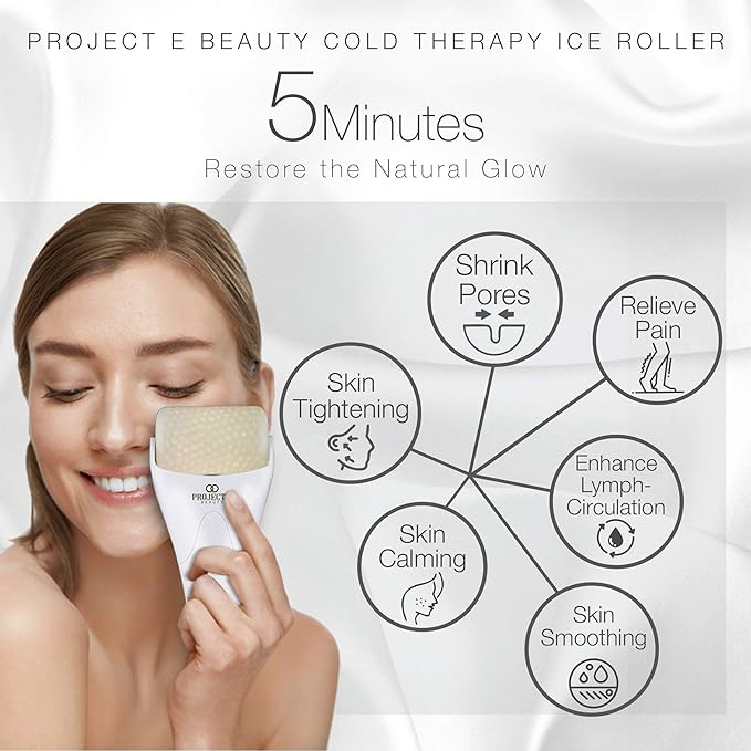 Ice Roller Cold Therapy by Project E Beauty | Reduce Under Eye Puffiness & Dark Circles | Tightens & Firms Skin | Diminish Wrinkles | Pain Relief | Muscle Soreness | Redness (Face & Body Roller)