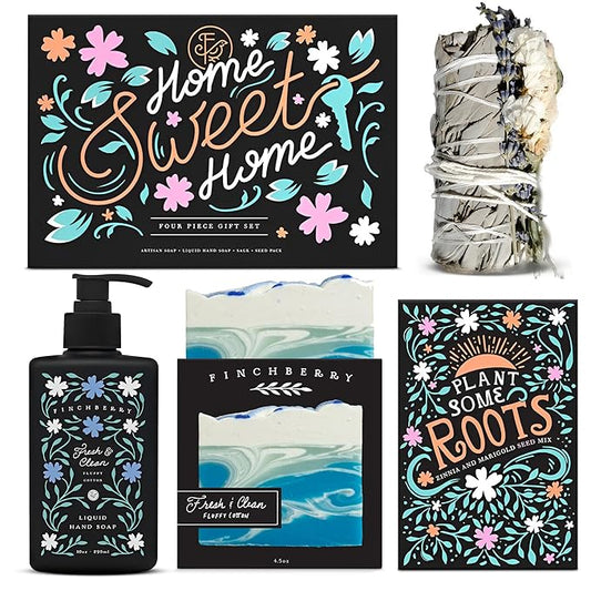 FinchBerry Home Sweet Home Gift Set – Perfect Housewarming Present – Includes Boxed Soap, Liquid Hand Soap, Sage Stick, and Plant Some Roots Seed Packet – Thoughtful Gift for Friends & Family