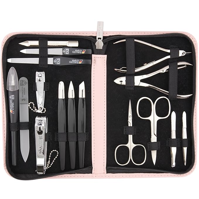 3 Swords Germany - brand quality 16 piece manicure pedicure grooming kit set fashion leather case light pink, Made in Germany