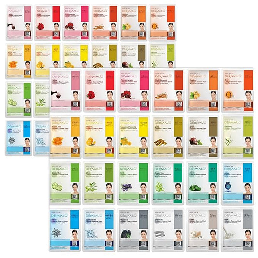 DERMAL 48 Combo Pack Collagen Essence Korean Face Mask - Hydrating and Soothing Facial Mask with Panthenol - Hypoallergenic Self Care Sheet Mask for All Skin Types - Natural Home Spa Treatment Mask