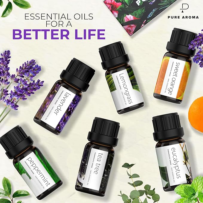Essential Oils Set by Pure Aroma - Top 6 Aromatherapy Oils Gift Set-6 Pack, 10ml (Eucalyptus, Lavender, Lemongrass, Sweet Orange, Peppermint, Tea Tree)