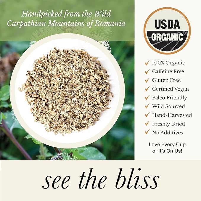 Wild Bliss Organic Burdock Root Tea - Caffeine Free Herbal Detox Support - Pharmacopoeia Quality - 25 Plant Based Tea Bags