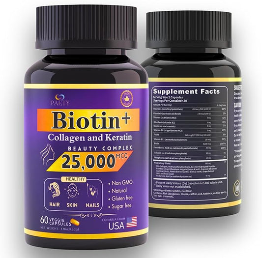 Revitalize Your Beauty! Biotin, Collagen & Keratin Complex – 25,000 mcg with Hyaluronic Acid & B Vitamins – Clinically Tested for Lush Hair, Radiant Skin, Strong Nails – 60 Capsules