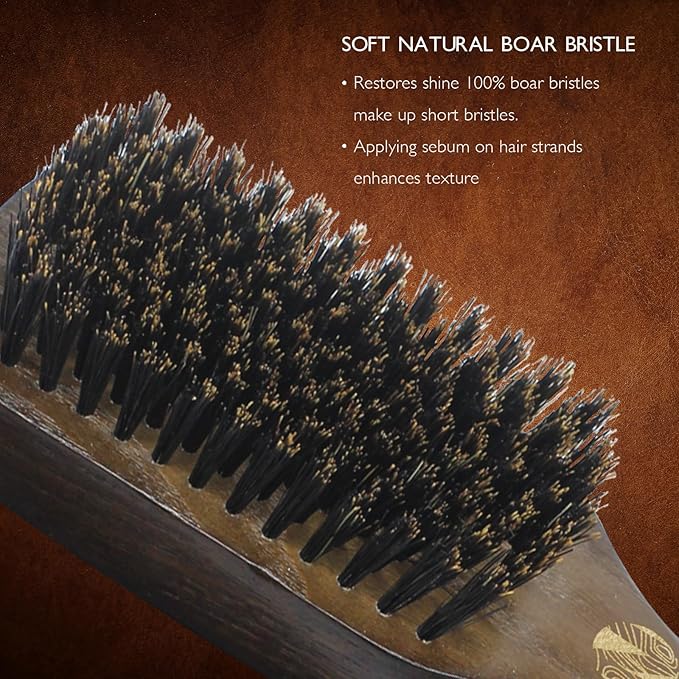 Boar Bristle Brush for Shine and Texture - Stiff Bristles for Medium Hair/Beards, Cleaning Brush Included