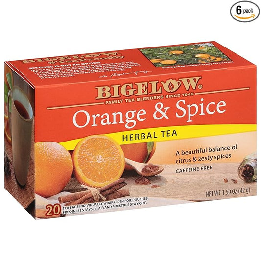 Bigelow Tea Orange & Spice Herbal Tea, Caffeine Free Tea with Orange and Herbs, 20 Count Box (Pack of 6), 120 Total Tea Bags