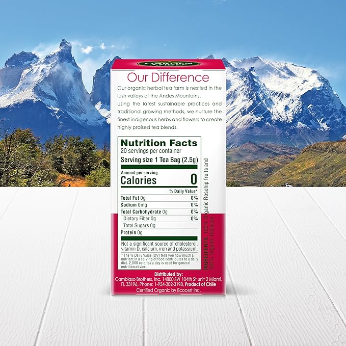 Garden Of The Andes Rosehip and Hibiscus Herbal Tea -20 Individually Wrapped Tea Bags - Caffeine Free