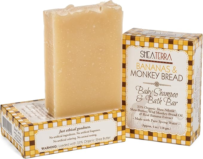 Shea Terra Organics Mama and Baby Collection | Bananas & Monkey Bread Baby Shampoo & Bath Bar| Non Toxic All Natural Cleanser with Baobab and Shea Butter for Gentle and Sting-free Daily Wash – 4oz