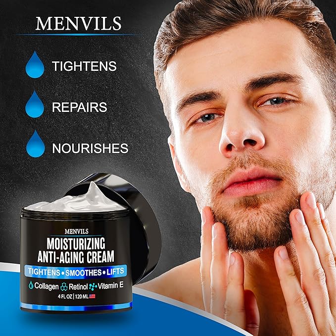 Mens Face Moisturizer Cream - Anti Aging & Wrinkle for Men with Collagen, Retinol, Vitamins E, Jojoba Oil - Face Lotion - Age Facial Skin Care - Eye Wrinkle - Day & Night - 4 oz