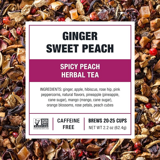 Tiesta Tea - Ginger Sweet Peach | Loose Leaf | Spicy Peach Herbal Tea | Non-Caffeinated Tranquility Blend | Bulk Herbal Leaves with Hibiscus & Cane Sugar | 25 Cups | 2.2 Ounce Resealable Pouch