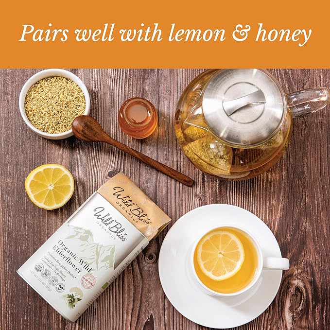 Wild Bliss Organic Elderflower Tea – Immune and Respiratory Support - Caffeine Free Loose Leaf Elder Flowers - 2.11 Ounces - 24 Servings