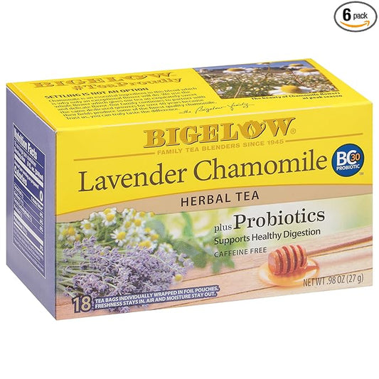 Bigelow Tea Lavender Chamomile Plus Probiotics Herbal Tea, Caffeine Free with Lavender Chamomile, 18 Count Box (Pack of 6), 108 Total Tea Bags