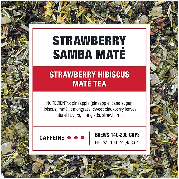 Tiesta Tea - Strawberry Samba Mate | Loose Leaf | Strawberry Hibiscus Mate Tea | High Caffeinated Fruit Blend | Make Hot or Iced Up to 200 Cups | 16oz Resealable Bulk Bag