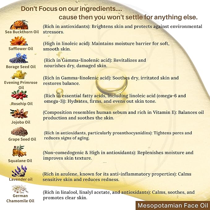 Mesopotamian Face oil for women, Cold-Pressed, Organic Anti Aging Facial Oil, Sea Buckthorn, Safflower, Borage Seed, Rosehip, Jojoba Oil, Squalane, Lavender Oil… 1oz.