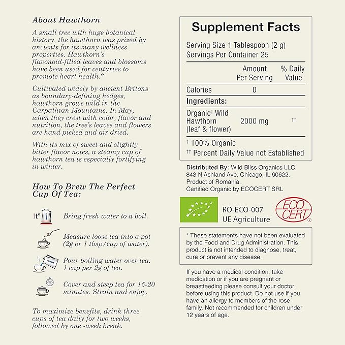 Wild Bliss Organic Hawthorn Loose Leaf and Flower Tea - Caffeine Free Heart Health Herbal Support - 1.76 Oz - 25 Servings