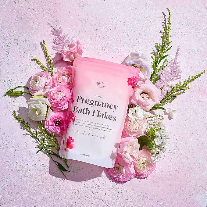 Gourmanity Comfort 2LB Unscented Magnesium Flakes for Bath with Wood Bath Salt Scoop, Bath Salts for Women Relaxing, Pregnancy Bath Soak Relief for Pregnant Women Aches & Pains [32oz/2LB]