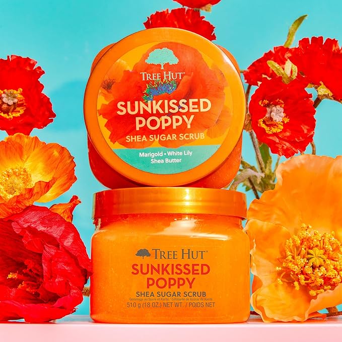 Tree Hut Sunkissed Poppy Shea Sugar Scrub | Exfoliating Body Scrub Removes Dead, Dry Skin for a Soft & Hydrated Feel | Nourishing Essential Body Care | 18 fl oz.