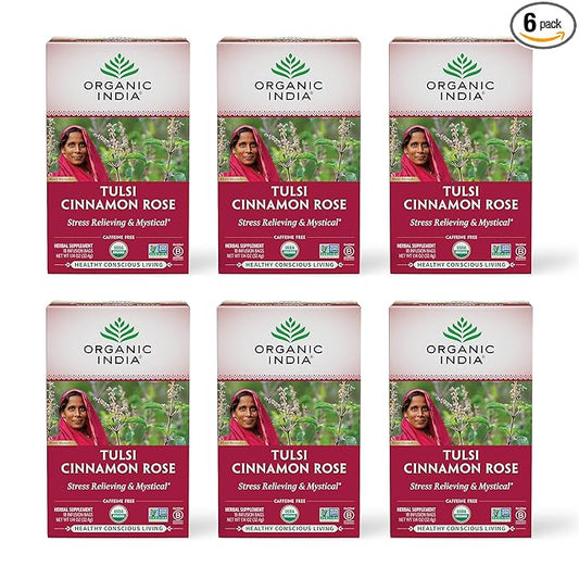 Organic India Tulsi Cinnamon Rose Herbal Tea - Holy Basil, Stress Relieving & Mystical, Immune Support, USDA Certified Organic, Supports Sugar Metabolism, Caffeine-Free - 18 Infusion Bags, 6 Pack
