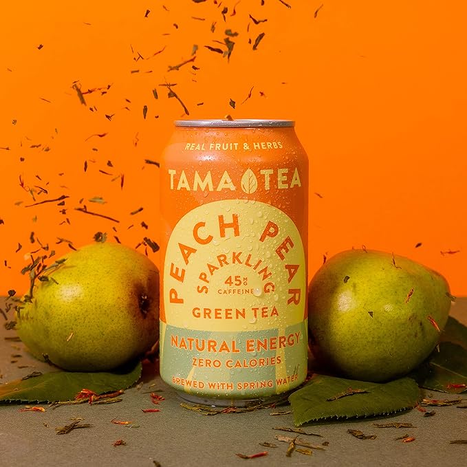 Sparkling Peach Pear Green Tea by Tama Tea - Made with Real Fruit & Herbs - Zero Sugar, Zero Calories, Non-GMO - Naturally Energizing Green Tea High in Antioxidants & Nootropics - 12 oz Pack of 12