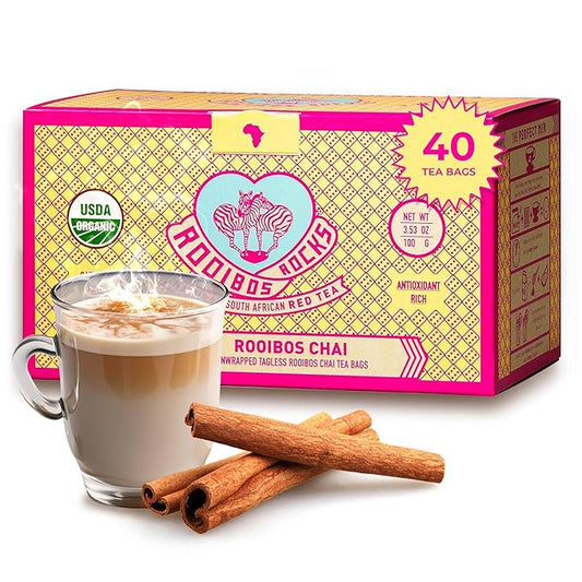 Caffeine Free Chai Rooibos 40 Tea Bags – Ethically Farmed, USDA Organic Chai Tea Bags - South African Red Bush Caffeine Free Chai Tea in Tagless Teabags - Refreshing, Naturally Sweet Ultra Low Tannin