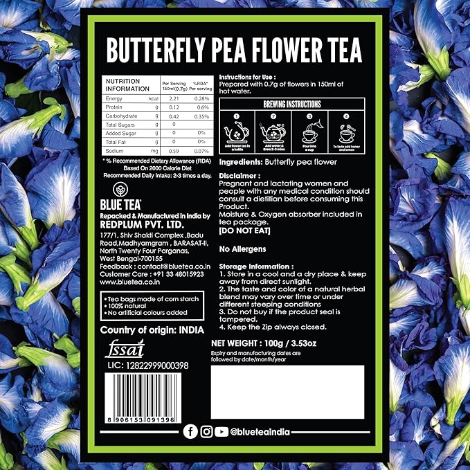 BLUE TEA - Butterfly Pea Flower Tea - 3.52 Oz (200+ Cups) Loose | ANTIOXIDANT RICH | Chemical Free - Caffeine Free - Detox Tea - Flower Based - Non Bitter - Vegan - Non-GMO | Zipper Packaging
