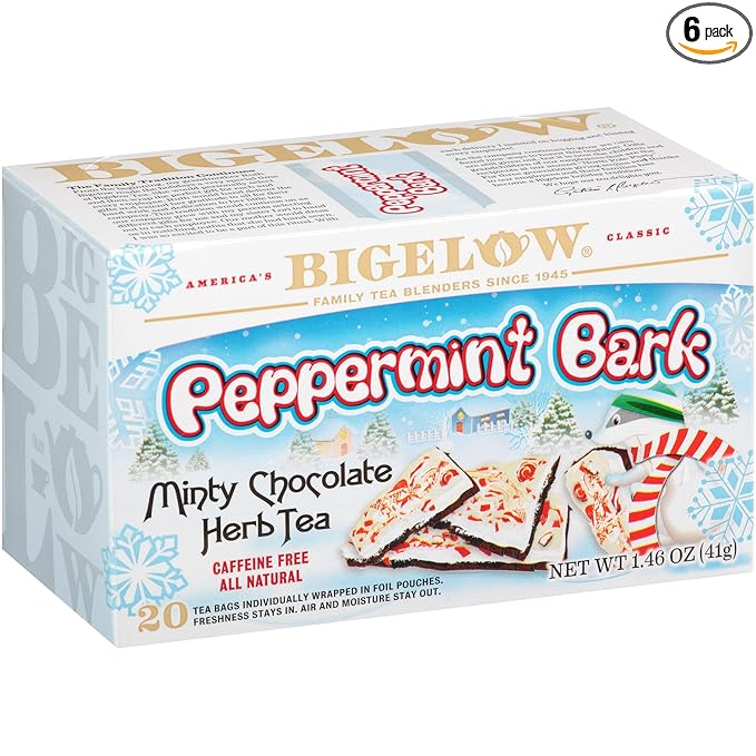 Bigelow Peppermint Bark Herbal Tea Bags, 18 Count Box (Pack of 6), Caffeine Free Herbal Tea, 108 Tea Bags Total