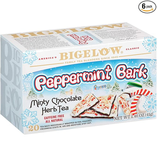 Bigelow Peppermint Bark Herbal Tea Bags, 18 Count Box (Pack of 6), Caffeine Free Herbal Tea, 108 Tea Bags Total
