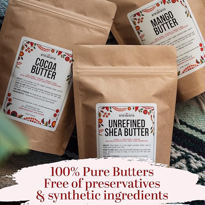 Better Shea Butter Set of Raw Shea Butter, Raw Mango Butter, Unrefined Cocoa Butter For Soap Making and DIY Body Butters, Lip Balms, Body Lotions - Each Jar is 8 oz Making 24 oz Total (3-Bar Set)
