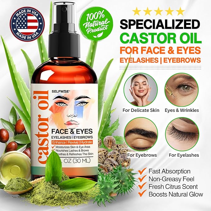 Organic Castor Oil For Face Moisturizer, Eyes, Eyelashes, Eyebrows, Wrinkles with Jojoba, Rosehip, Grapeseed, Squalane, Palmarosa, Bergamot and Vitamin E for Gentle Skin, Men & Women 1oz