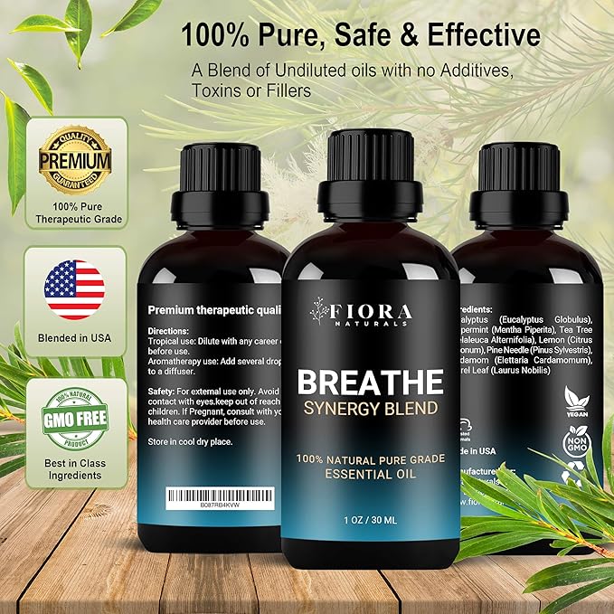 Breathe Essential Oil for Diffuser - Essential Oil Blend with Eucalyptus Peppermint Tea Tree and Peppermint, Breathe Easy Essential Oil for Humidifier, Rub, and Aromatherapy